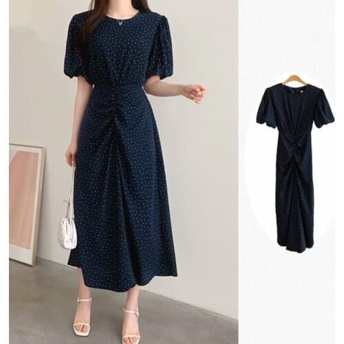 French style summer polka dot pleated dress women puff sleeve slim chiffon dress
