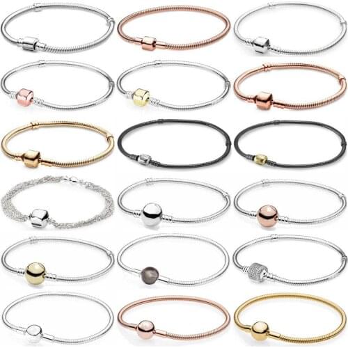 100% 925 Sterling Silver Moments Pave Signature Barrel & Ball Clasp Snake Chain Bracelet Fit Fashion Charm trendy DIY jewelry