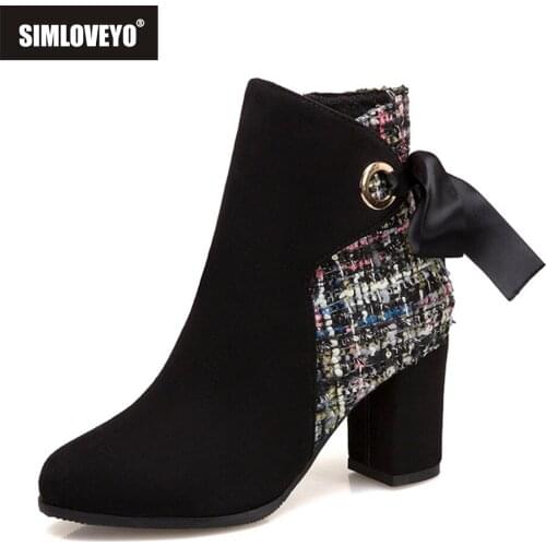 SIMLOVEYO Ankle boots for woman Patchwrok Round toe Bowtie Female Zipper 2022 New Spring Autumn High heels boots Warm Cool S2405