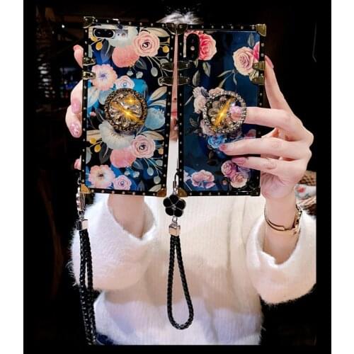 Fashion Beautiful Flower Rivet Square Box Gold Diamond Ring Grip Holder Case Cover For iPhone 11 Pro XS Max XR X 8 7 6 6S Plus