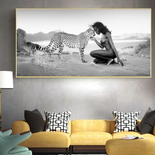 Black Woman with Cheetah Canvas Art Posters and Prints Wild Nordic Animals Landscape Canvas Paintings on The Wall Art Pictures