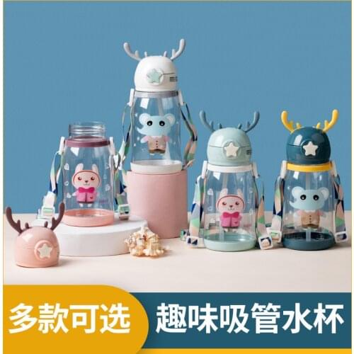 600ml Cartoon Animal Water Bottle Plastic Drinking Kettle for Kid , Elk Horn Cup Lid Camp Straw Cup Travel Portable Leakproof