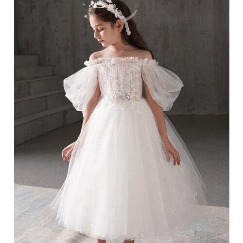 Elegant Childrens Dress Pure White Lace Wedding Ceremony Dress for Baby Girl Flower Waist Prince Dress 2-12Y