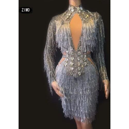 Designer Fashion Crystal Tassel Dress Women Rhinestone Elastic Stage Dance Party Dress Bar Club Singer Performance Dance Costume