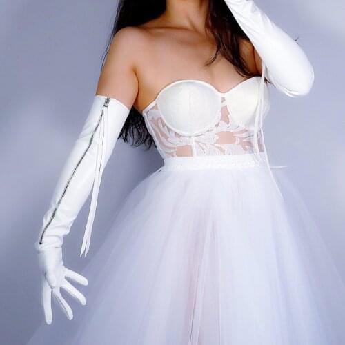 2020 NEW Long Leather Gloves 60cm Extra Long Silver Zipper Imitation Leather White Women PU Gloves WPU212