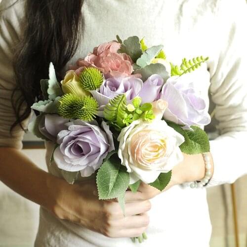 Artificial Rose Flower Peony Flower Leaves Bridal Bouquet Wedding Home Decor Fake Flowers For Home Wedding Decoration Indoor