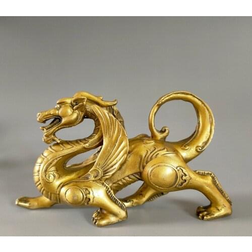 Exquisite China Fengshui Pure Brass Evil Dragon Kylin Wing Beast statue