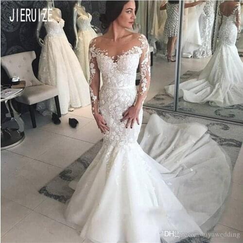 JIERUIZE New Mermaid wedding Dresses Scoop Neck Long Sleeves Lace Up Back With Appliques marriage Bridal Gowns robe de mariee