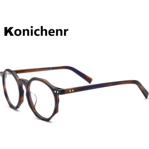 Konichenr Acetate Round Rim Eyeglass Frame Men Polygon Glasses Women Optical Frames Prescription Eyewear Transparent Gray 9161