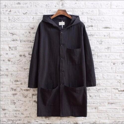 M-5xl New Men Hooded Linen Long Trench Loose Chinese Vintage Style Outerwear Long Trench Coats Fashion Comfortable Clothing