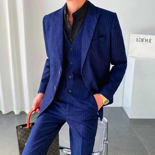 2021 Men Slim Fit Business Casual Stripe 3 Pieces Set Male High Quality Formal Groom Wedding Suit Jacket Vest Pants Trousers