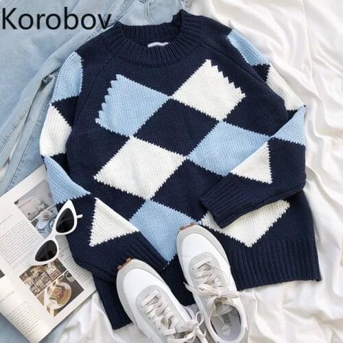 Korobov Autumn Winter New Women Sweaters Korean Harajuku Female Pullovers Vintage Hit Color Patchwork Plaid Sueter Mujer