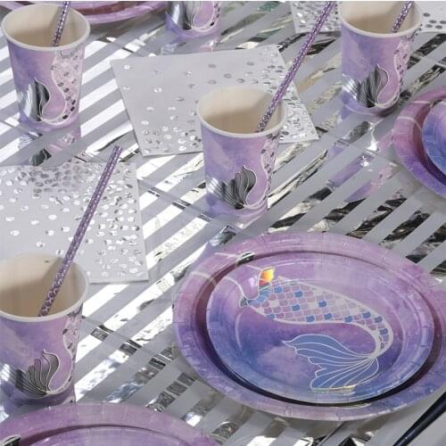 71pcs Disposable Mermaid Tableware Birthday Party Supplies Creative Fishtail Paper Cup Paper Tray Round Paper Tray Tablecloth
