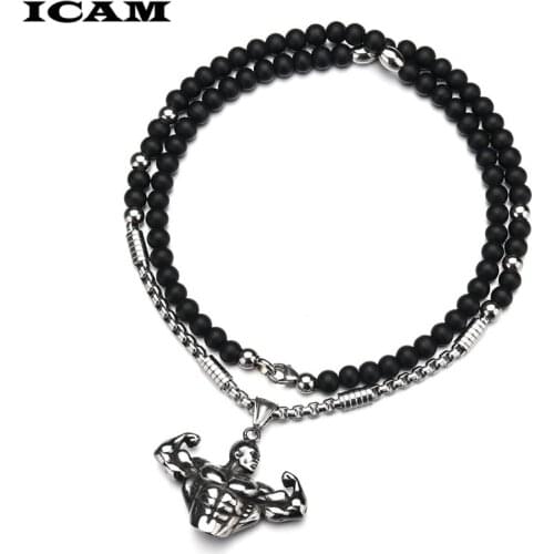 ICAM Pendant Necklace Men Stainless Steel Chain Silver Fitness Strong Man Hippie Necklace Motivation Gym Hip Hop Jewelry