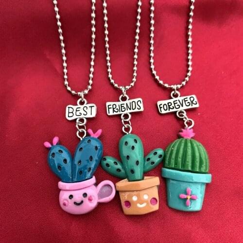 Children Best Friend Necklace Simulation Colorful Cactus Potted Plants Pendant BFF 3 Necklace Jewelry Gifts For Kids 3PCS/Set