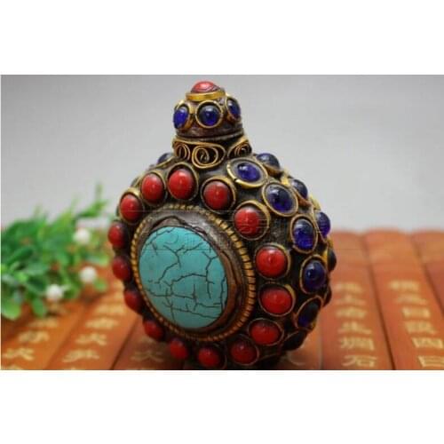 Miscellaneous antiques collection of antique copper inlaid with Turquoise imitation Red Coral snuff bottle round piece ornamen