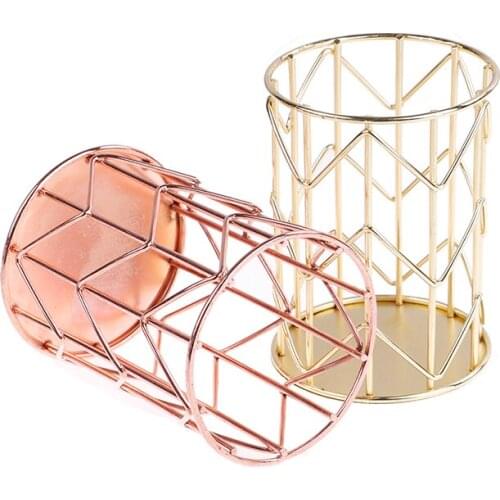 Rose Gold Desktop Stationery Metal Pen Pencil Holder Desk Organizer For School Office Accessories Makeup Brush Storage Box Home