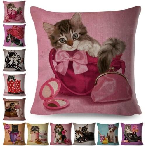 45x45cm Cute Dog/Cats Pattern Removable Linen Pillowcase Throw Pillow Case Sofa Bed Office Cushion Covers Home Decor