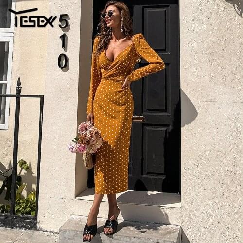 Yesexy 2021 Sexy Deep V Neck Polka Dot Women Dress Female Long Sleeve Casual Beach Dress Elegant Long Party Dress Vestidos M0671