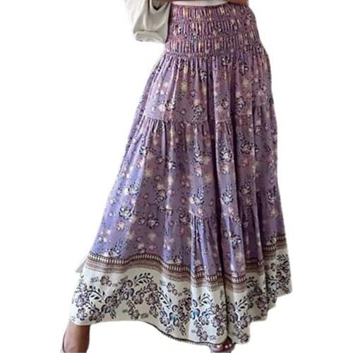 Ankle-length Skirt Skin-friendly Elastic Floral Printed Women Flower Ethnic Print Long Skirt for Dating Street wear Green xxxl