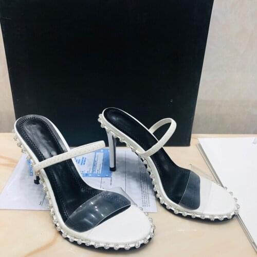 Women Lady Black round toeSlingback High Heels Shoes Sandals Pumps square heels Crystal summer Slide sexy SLIPPERS PVC