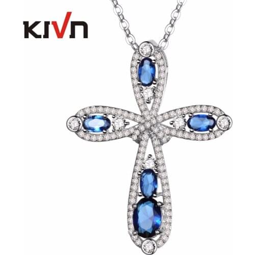 KIVN Jewelry Blue Cubic Zirconia Womens Girls Bridal Wedding Cross Pendant Necklaces Birthday Christmas Gifts 6pcs Lot Wholesale