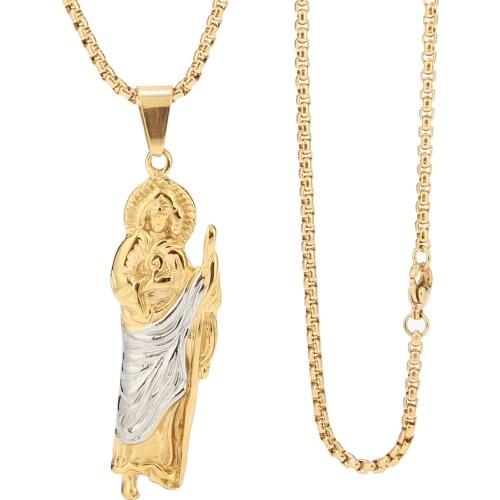 1 pcs 60cm Stainless Steel St. Jude Thaddeus Pray For Us Religious Charm Pendant with 2mm Box Chain Necklace DIY Jewelry making