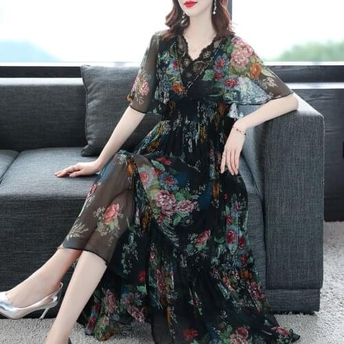 100% Silk Summer Dress 2021 Elegant Short Sleeve Dress Female Floral Midi Dresses for Women Casual Vestido De Mujer Pph4115