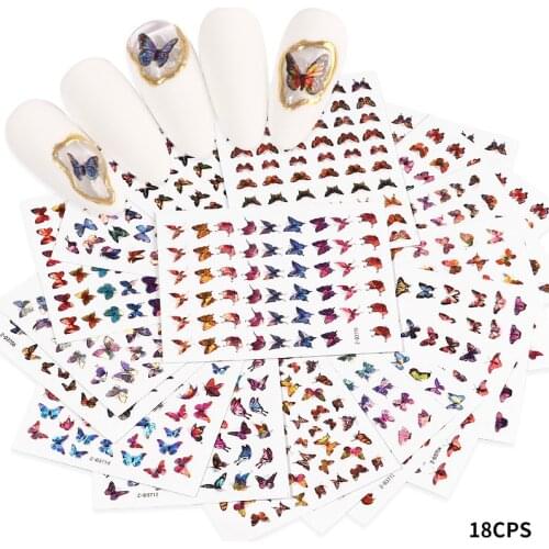 18Pcs/lot Nail Stickers Decals 3D Butterfly Laser Holographic Colorful Adhesive Sliders Diy Decorations Nail Art Patch Manicure