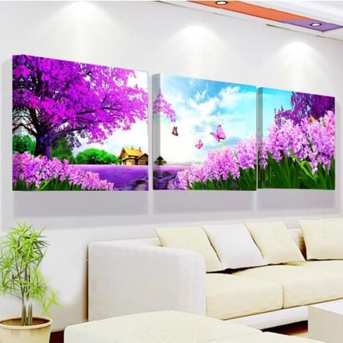 3 Pieces Purple Flowers Landscape Posters Wall Art Canvas Pictures Home Decor Paintings Accessories for Living Room Decorations