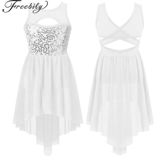 Kids Girls Sleeveless Sequins Chiffon Ballet Figure Skating Dress Gymnastics Leotard Child Contemporary Lyrical Dance Costumes