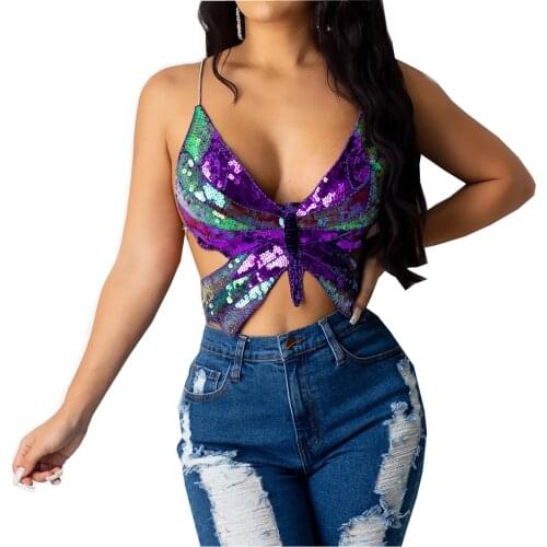 Womens Halter Crop Tops Butterfly shaped Sequin Sexy Deep V-neck Backless Crops Sling Vest Party Club Summer Camisoles