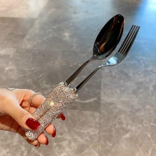 Inlay Diamond Spoon and Fork Set Sparkling 304 Stainless Steel Eco Friendly Cutlery Set Tableware Flatware Dish Set Dinnerware