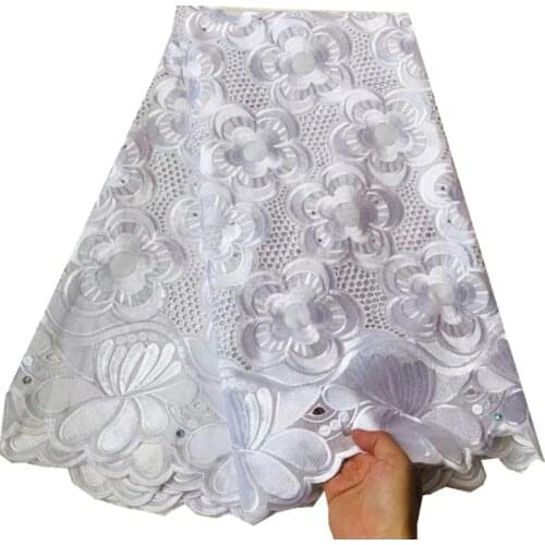White High Quality African Lace Fabric Embroidery Swiss French Cotton Wedding Party Dress Guipure Sequins 5yards Z720-3