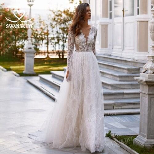 Long Sleeve Lace Wedding Dress 2021 V-neck Open Back A-Line Boho Bridal Gown Princess SwanSarah M079 Plus Size Vestido De Novia