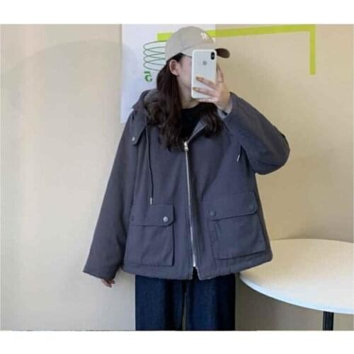 Ladies Coat 2021 Fall Winter Hooded Cotton-Padded Jacket Loose Tooling All-match Zipper Thickened Double-Sided Lamb Wool Cotton