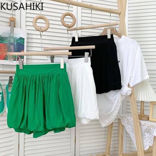 KUSAHIKI 2021 Summer New Shorts Women Fashion High Waist Bottoms Causal Korean Solid Wide Leg Short Feminimos 6J733