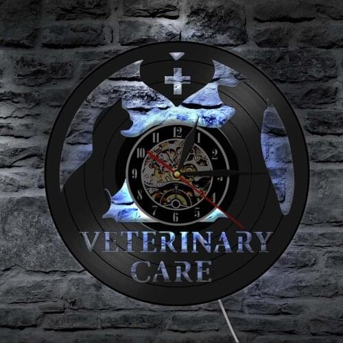 Dog Cat Veterinary Care Vinyl Record Wall Clock Animal Pet Clinic Wall Art Home Decor Wall Lamp Lighting Hanging Watch Vet Care
