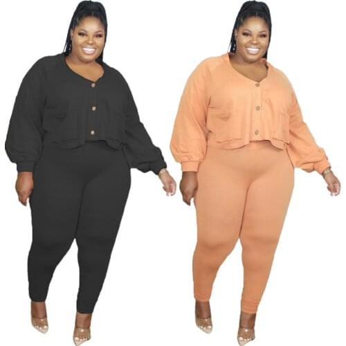 Pure Color Women Casual Plus Size Two-Piece Set Plus Size Single-breasted Lantern Sleeve Tops Skinny Leggings Tracksuits Outfits
