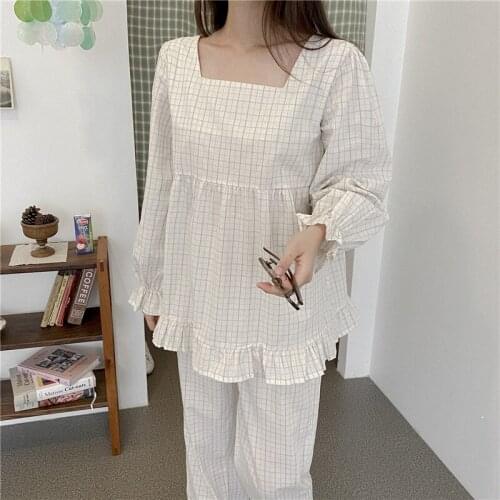 Plaid Spring Pajamas Set Women Single Breassted Shirts + Long Pants Set Korean Home Suit Cotton Home Clothes Casual Kawaii