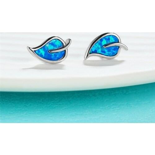 Vintage Female White Blue Opal Earrings Rose Gold Silver Color Wedding Earring Charm Bridal Leaf Small Stud Earrings For Women