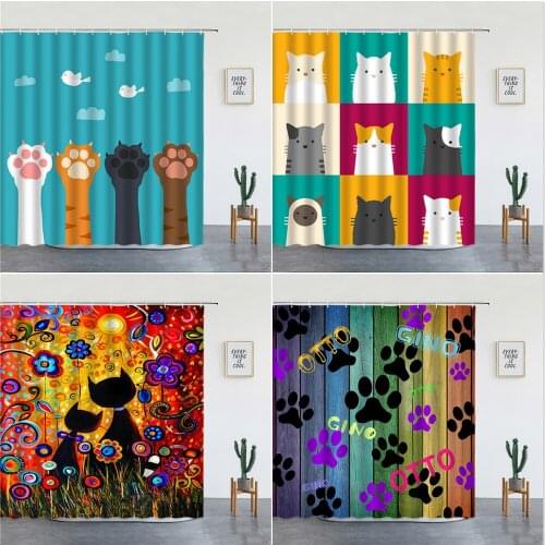 Cat Dog Cartoons Shower Curtains Cute Animal Pattern Kids Bathroom Home Decor Polyester Fabric Wall Hanging Screens With Hooks