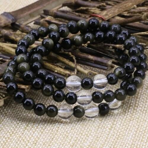 6mm Natural Stone Black Obsidian Round Beads Strand Bracelets for Women Long Chain Bangle Elegant Jewelry 20inch B3174