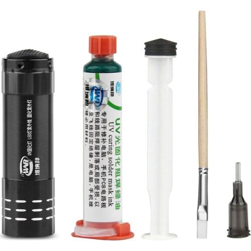 10ML Green Oil UV Solder Mask BGA PCB Paint Prevent Corrosive Arcing Soldering Paste Flux Inks Soft Nylon Brush 9 LED Light