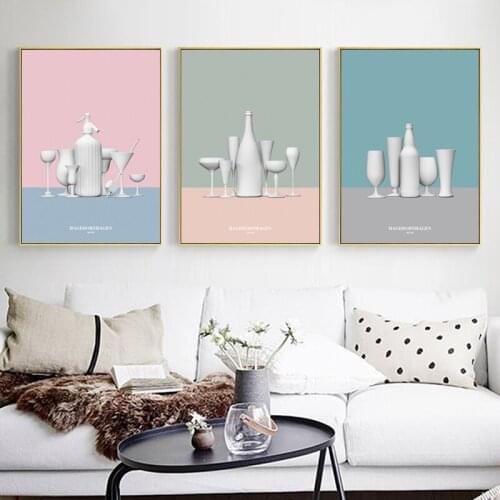 Abstract Morandi White Tableware Wine Glass Canvas Painting Nordic Wall Art Pictures Poster Print For Dining Room Home Decor