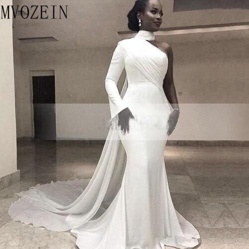 White High Neck Single Long Sleeve Mermaid Formal Evening Dresses Chiffon Train Simple Trumpet Africa Womens Evening Gown