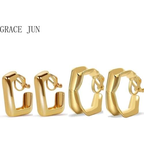GRACE JUN Korea Style Gold Color Geometric Hoop Clip on Earrings for Women Party Birthday Rubber No Pierced Earrings Ear Clip