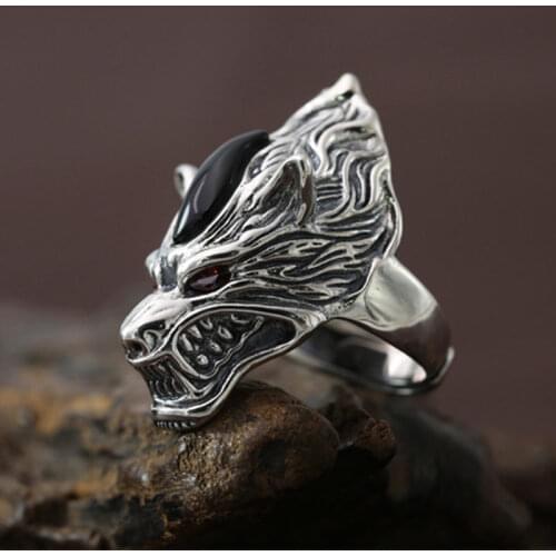 Gothic Silver 925 Wolf Wide Band Finger Rings Men Top Craft Cool 925 Sterling Silver Jewelry Men Thai Silver Ring Free Box Gifts