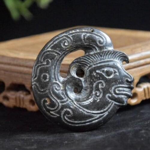 Hongshan culture archaize black iron meteorite sculpture face dragon bi statue