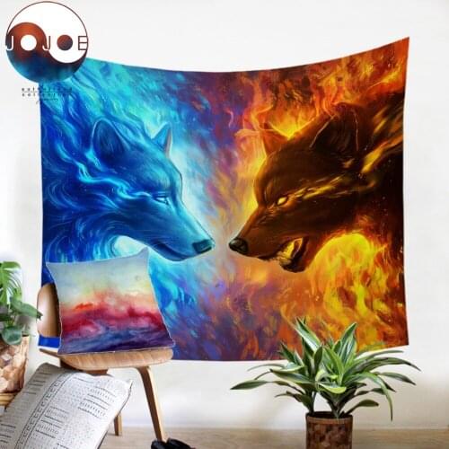 JoJoesArt Tapestry Wall Hanging Blue and Yellow Beach Mat 3D Animal Wolf Printed Sheets Ice Fire Decorative Tapestry 150x200cm